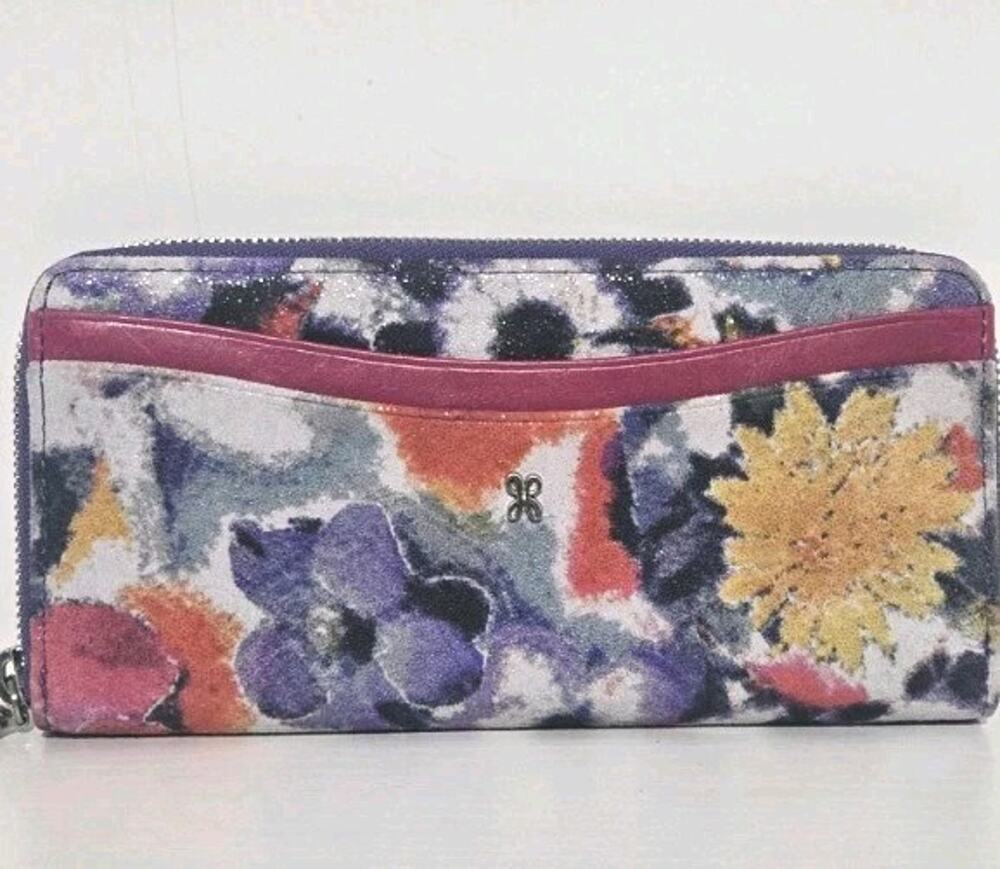 HOBO Leather Poppy Zip around Wallet Multicolor Abstract Floral Pink Purple Zip